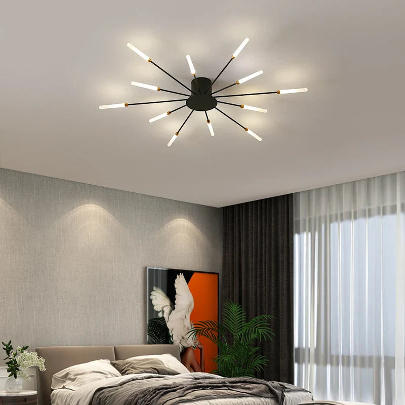 Mosrugs | Modern Industrial Ceiling Lamp Sputnik Fireworks | Black & Gold Finish. LED Lighting for Living Room. Dining Room & Bedroom Decor