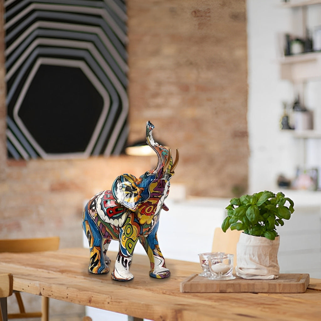 Mosrugs | Abstract Elephant Statue – Colourful African Design with Raised Trunk for Good Luck