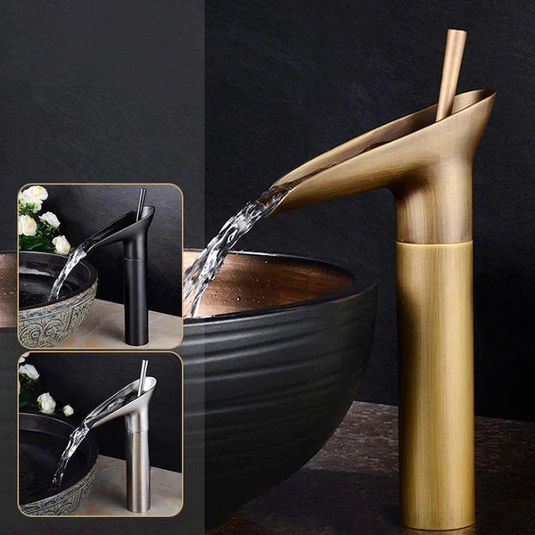 Mosrugs | Antique Brass Waterfall Basin Tap – Vintage Bathroom Mixer Faucet with Hot & Cold Control