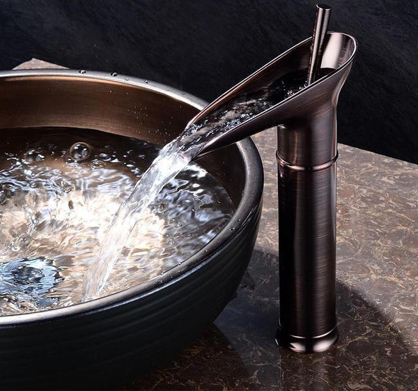 Mosrugs | Antique Brass Waterfall Basin Tap – Vintage Bathroom Mixer Faucet with Hot & Cold Control