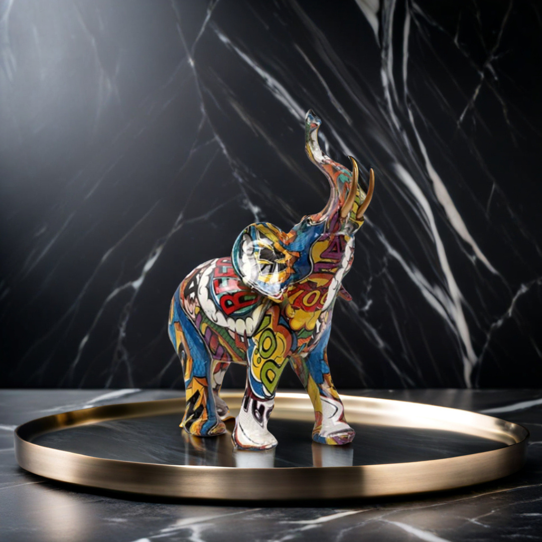 Mosrugs | Abstract Elephant Statue – Colourful African Design with Raised Trunk for Good Luck