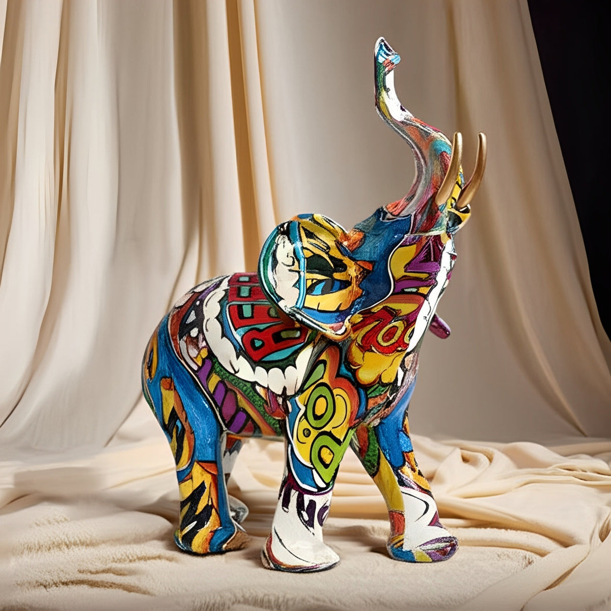 Mosrugs | Abstract Elephant Statue – Colourful African Design with Raised Trunk for Good Luck