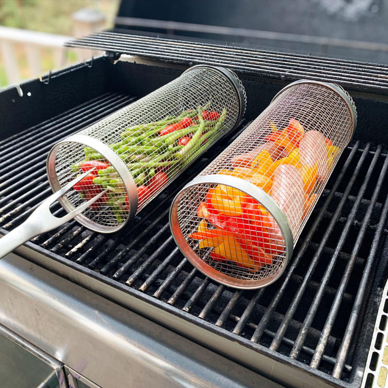 Mosrugs | Stainless Steel Rolling BBQ Grill Basket – Rotating Design for Perfectly Grilled Food