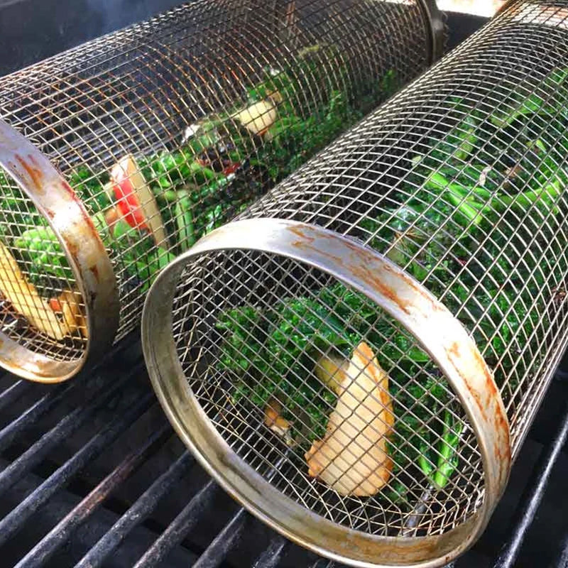 Mosrugs | Stainless Steel Rolling BBQ Grill Basket – Rotating Design for Perfectly Grilled Food