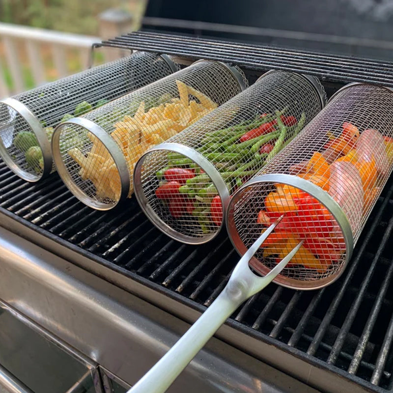 Mosrugs | Stainless Steel Rolling BBQ Grill Basket – Rotating Design for Perfectly Grilled Food