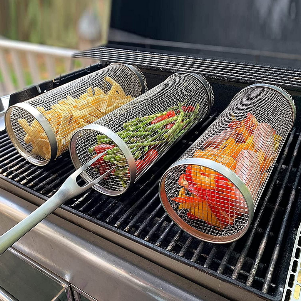 Mosrugs | Stainless Steel Rolling BBQ Grill Basket – Rotating Design for Perfectly Grilled Food