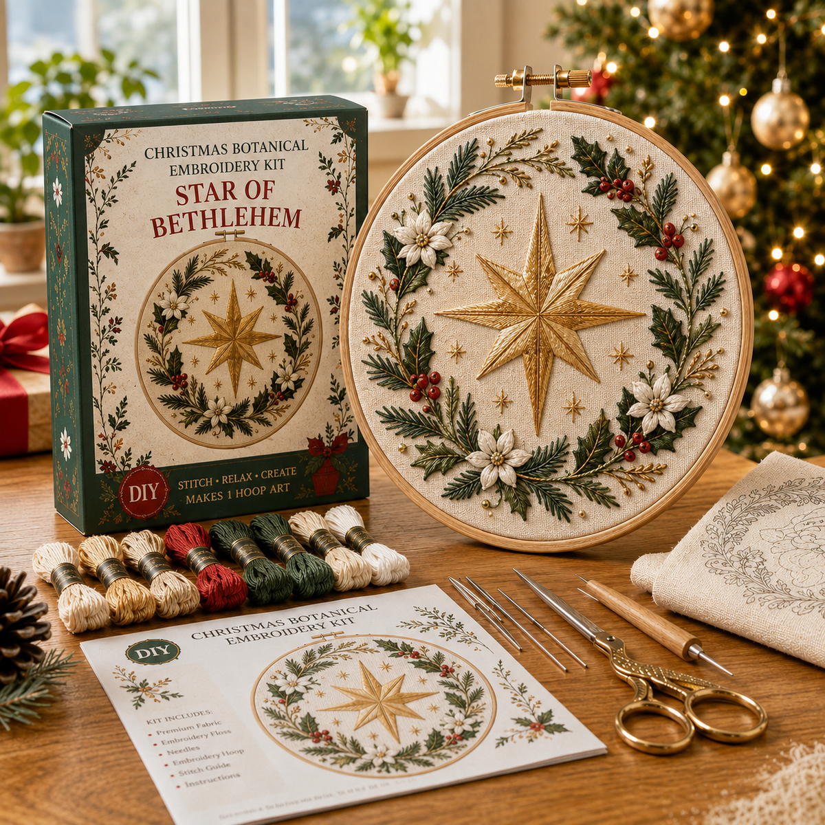 Christmas Botanical Embroidery Kit – Festive DIY Hoop Art Collection