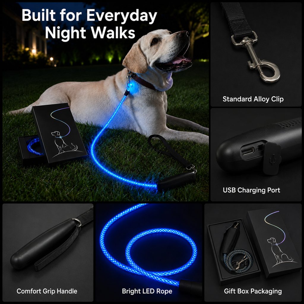 Klmays NightGlow LED Light-Up Dog Leash for Night Walks - USB Rechargeable Safety Leash That Helps Your Dog Stay Visible in the Dark
