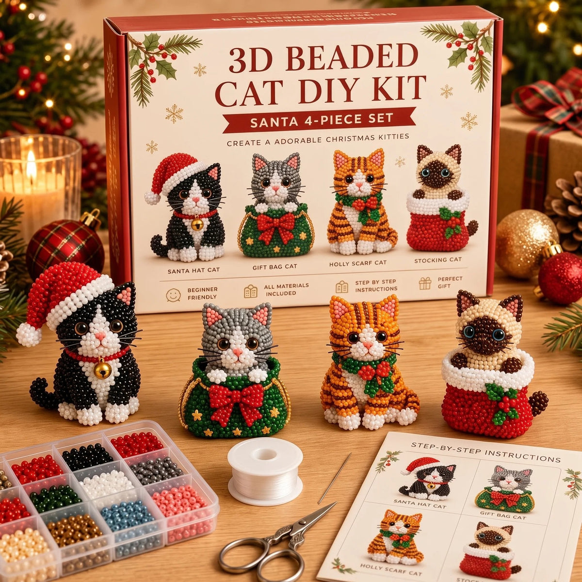 Beginner-Friendly DIY 3D Christmas Beaded Ornament Kit | Complete 4-Piece Set with Glass Beads, All Tools & Step-by-Step Guide Included