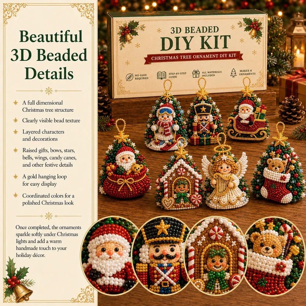 Beginner-Friendly DIY 3D Christmas Beaded Ornament Kit | Complete 4-Piece Set with Glass Beads, All Tools & Step-by-Step Guide Included