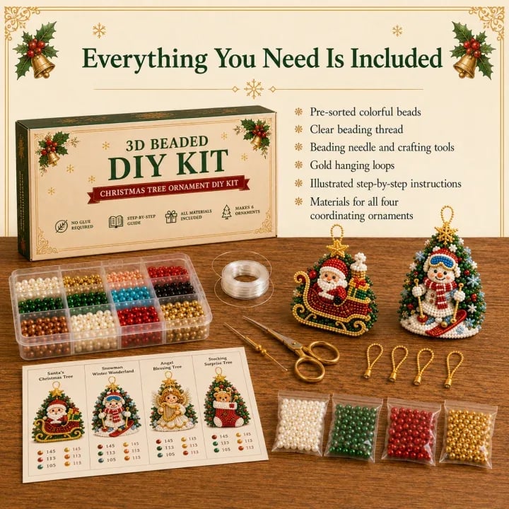 Beginner-Friendly DIY 3D Christmas Beaded Ornament Kit | Complete 4-Piece Set with Glass Beads, All Tools & Step-by-Step Guide Included