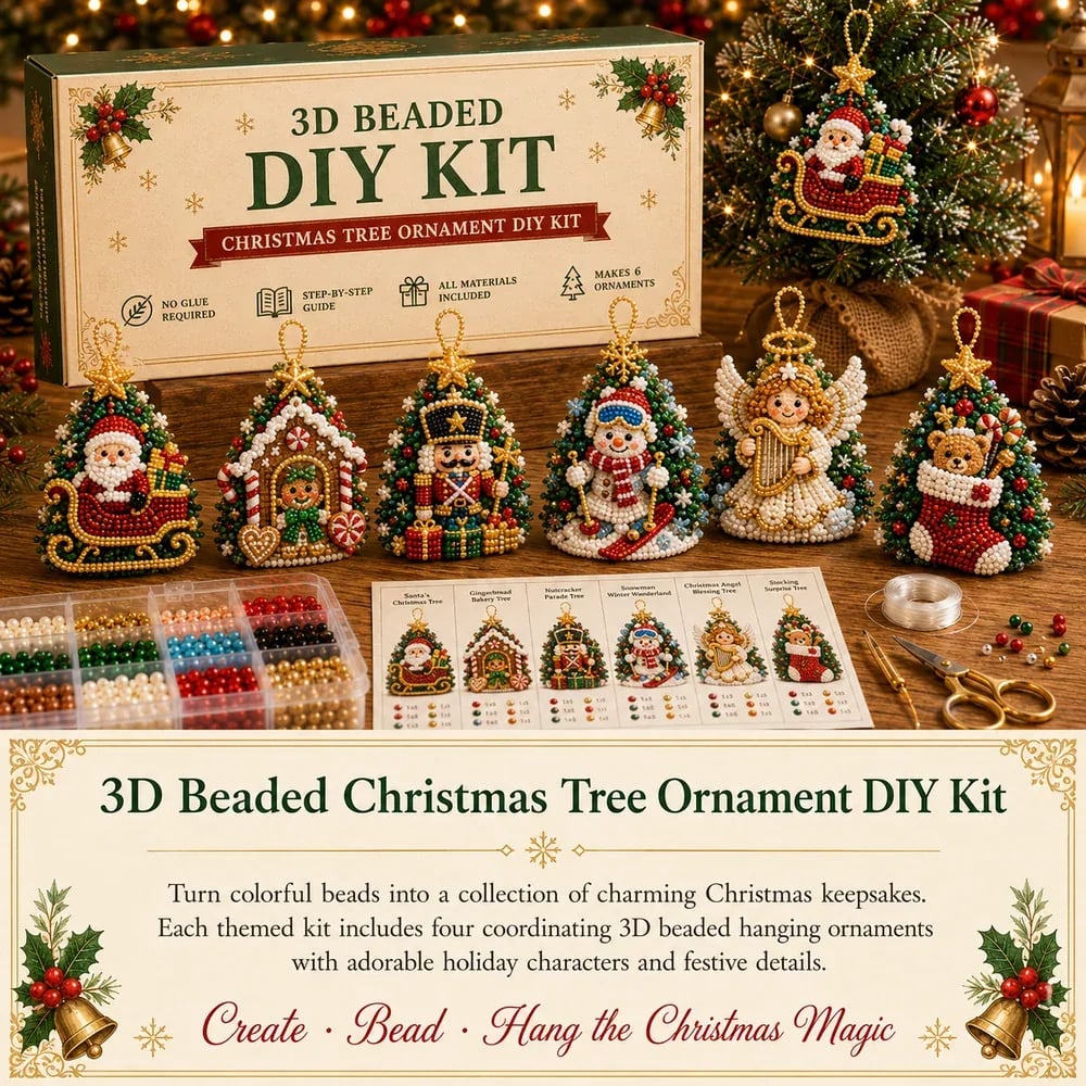 Beginner-Friendly DIY 3D Christmas Beaded Ornament Kit | Complete 4-Piece Set with Glass Beads, All Tools & Step-by-Step Guide Included