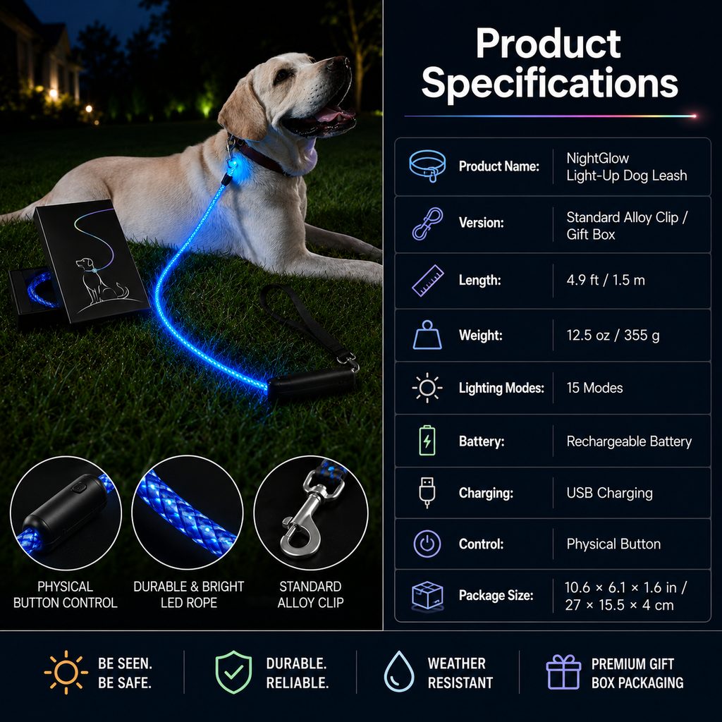 Klmays NightGlow LED Light-Up Dog Leash for Night Walks - USB Rechargeable Safety Leash That Helps Your Dog Stay Visible in the Dark