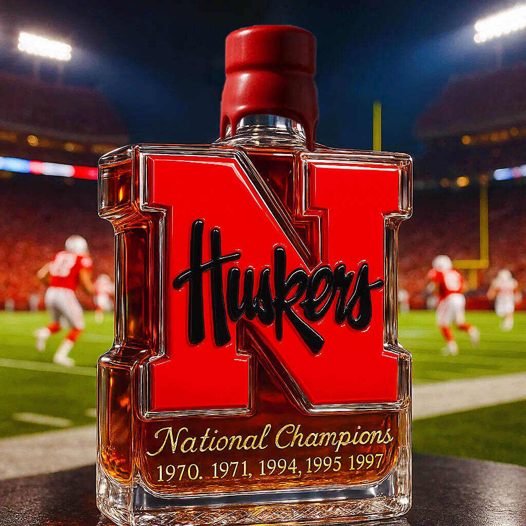 Nebraska Cornhuskers 5-Time National Champions Whiskey Bottle