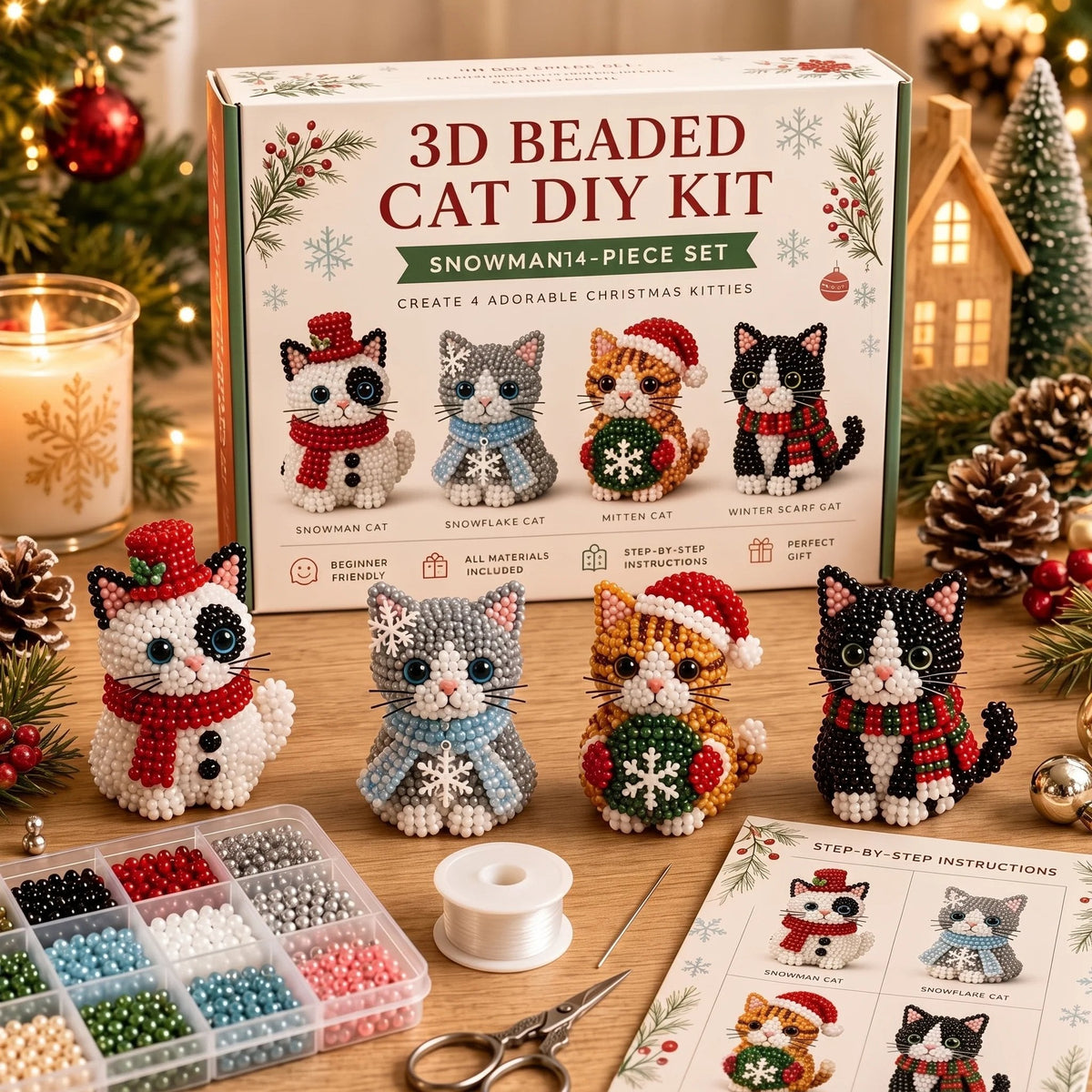 Beginner-Friendly DIY 3D Christmas Beaded Ornament Kit | Complete 4-Piece Set with Glass Beads, All Tools & Step-by-Step Guide Included