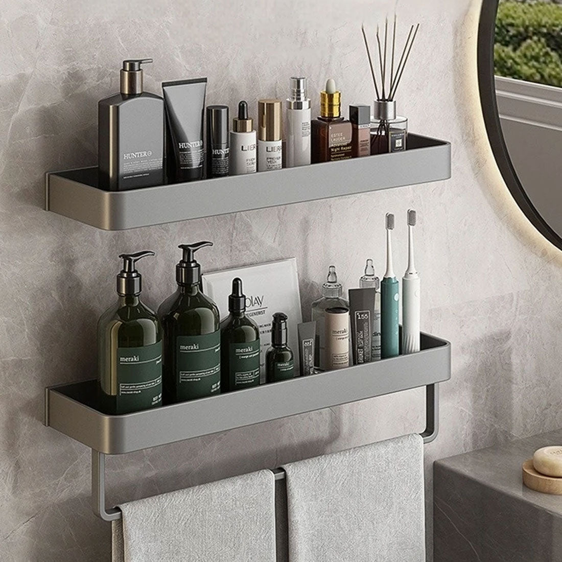 Mosrugs | Modern Grey Bathroom Shelf – Stylish Wall-Mounted Storage with Optional Towel Rail