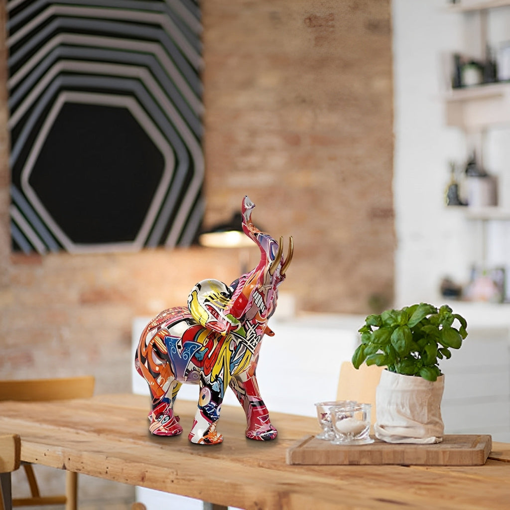 Mosrugs | Abstract Elephant Statue – Colourful African Design with Raised Trunk for Good Luck