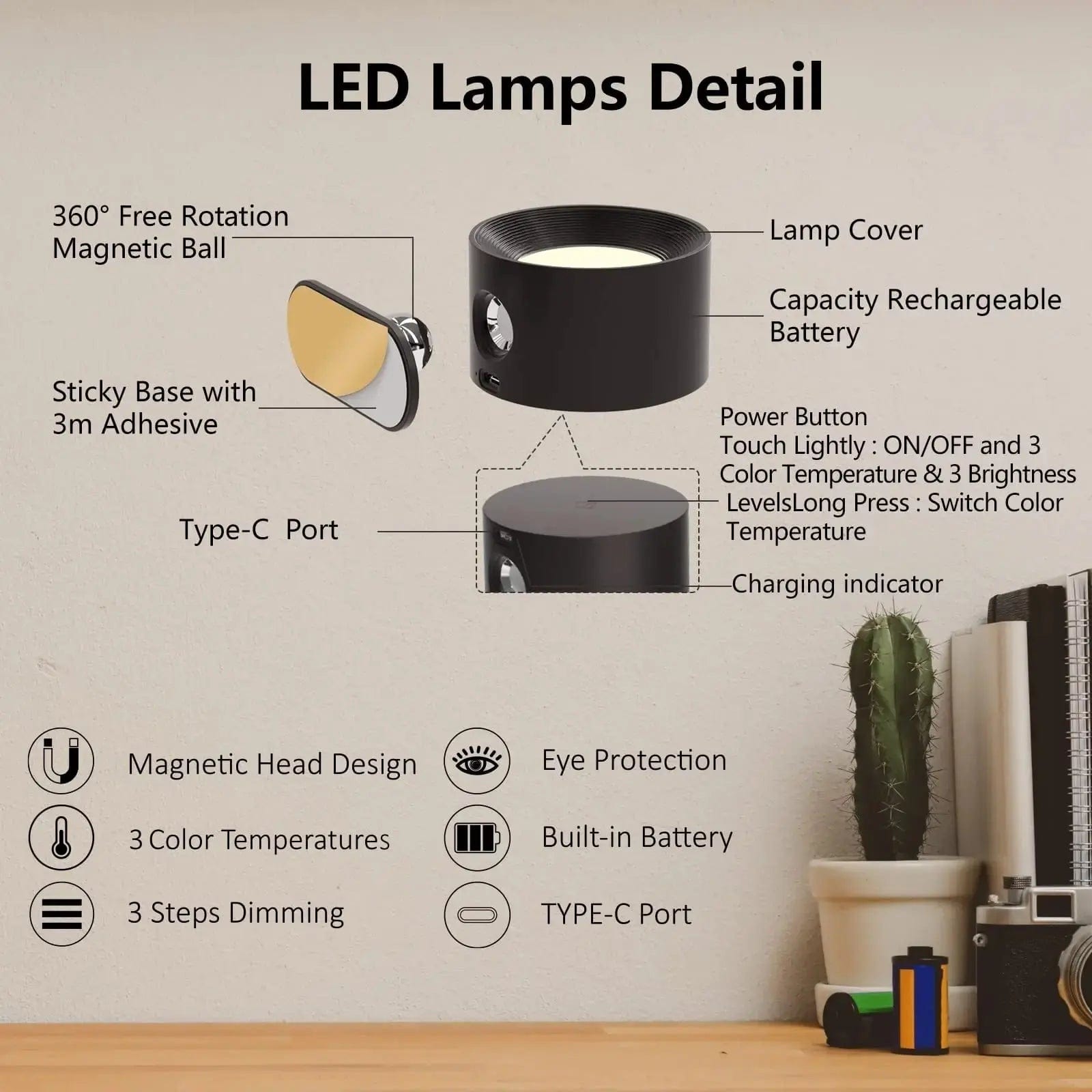 Mosrugs | Battery Operated Wall Light | Rechargeable, 360° Adjustable & Wireless for Modern Interiors